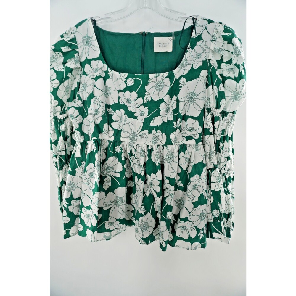 Tuckernuck Women's Sz L Hyancinth Houes Clemons Green Floral Puff Sleeve Blouse - Picture 2 of 10
